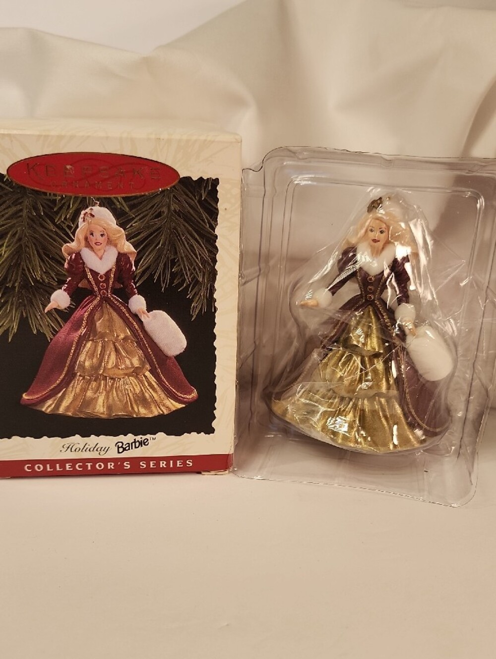 1995 & 1996 Hallmark Holiday Barbie Ornament Duo — Burgundy & Navy Dresses - Picture 3 of 6